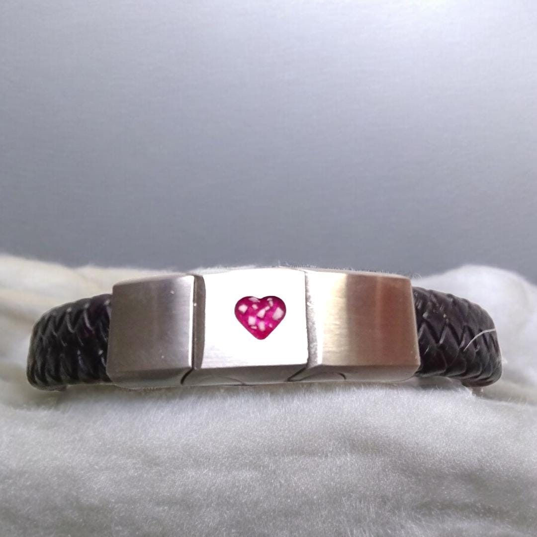 Cremation Ashes or Hair memorial leather bracelet. Engraved on the back. 40 colours to choose from. Made to measure. Unisex. Resin jewellery