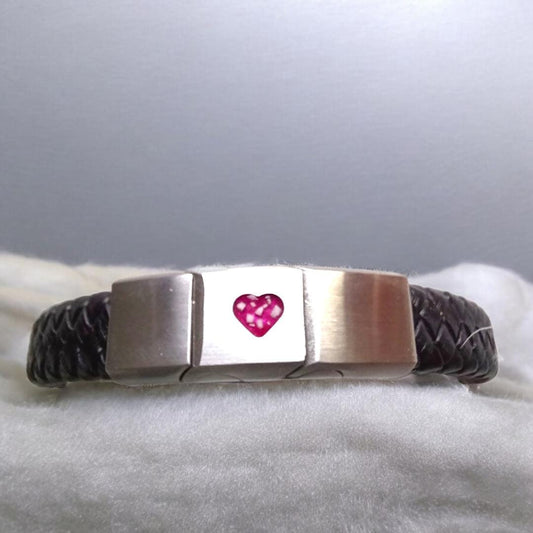 Cremation Ashes or Hair memorial leather bracelet. Engraved on the back. 40 colours to choose from. Made to measure. Unisex. Resin jewellery