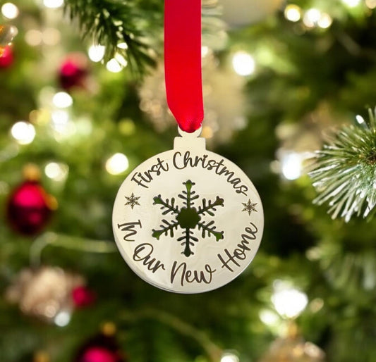 Personalised first Christmas Snowflake Christmas tree decoration. 40mm stainless Steel.