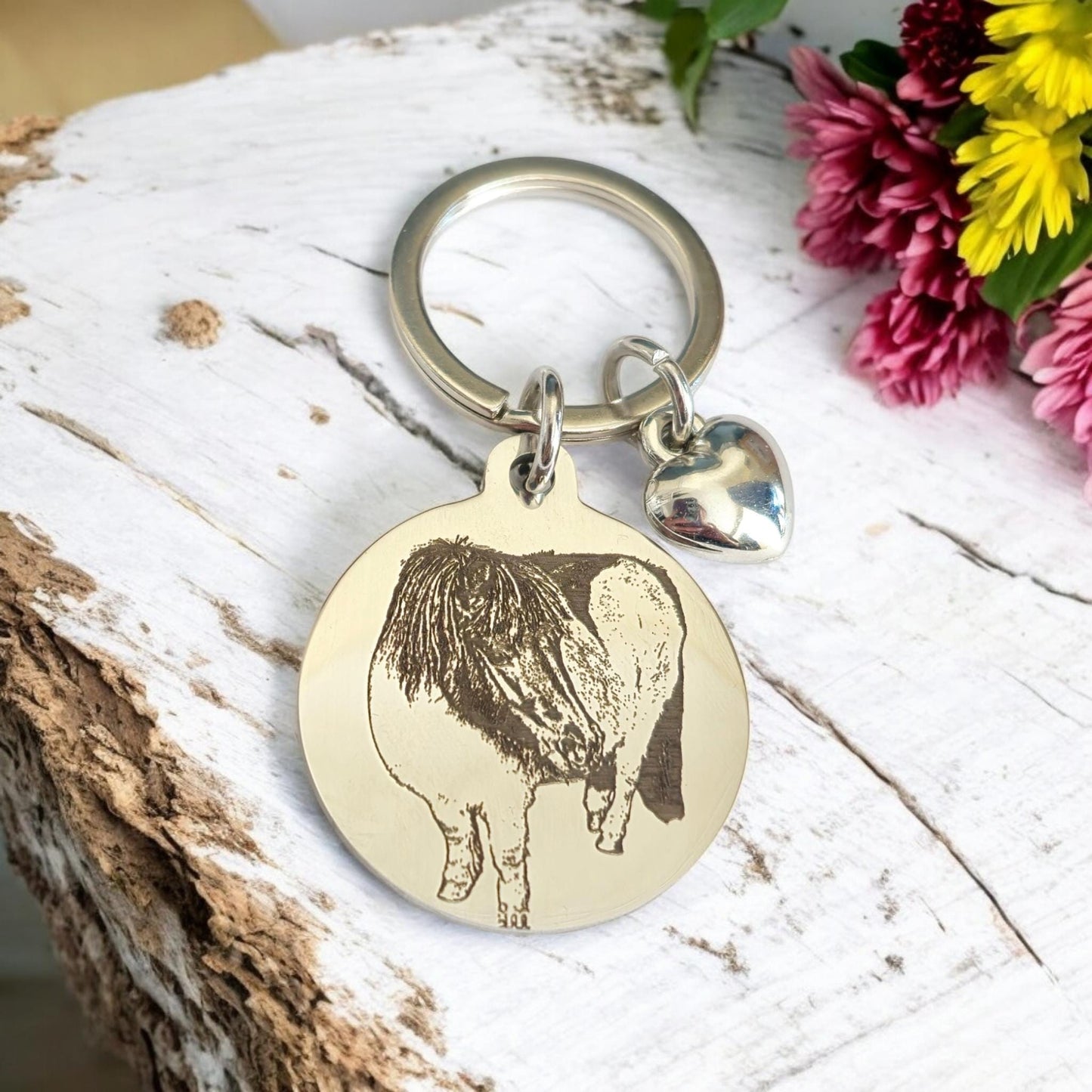 Actual photo horse / pony keyring with heart charm, made from any photo.