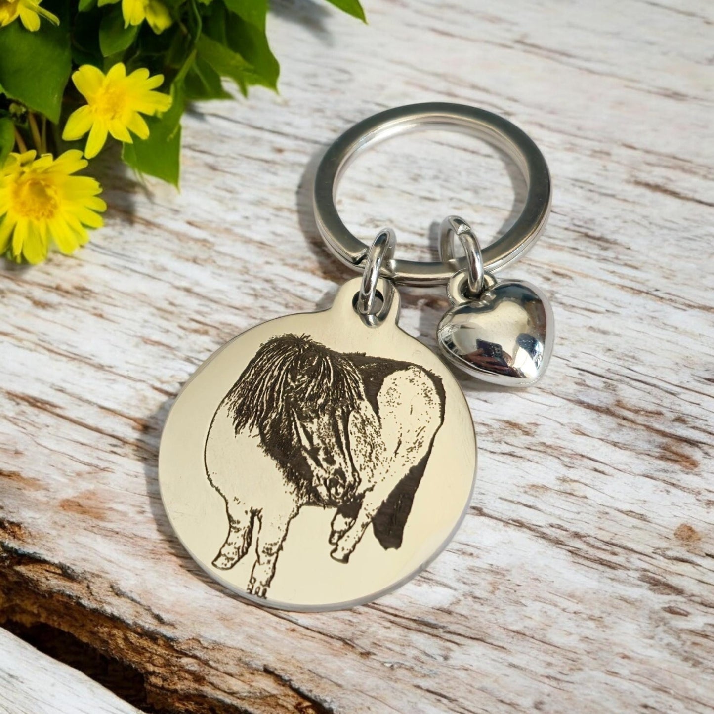 Actual photo horse / pony keyring with heart charm, made from any photo.