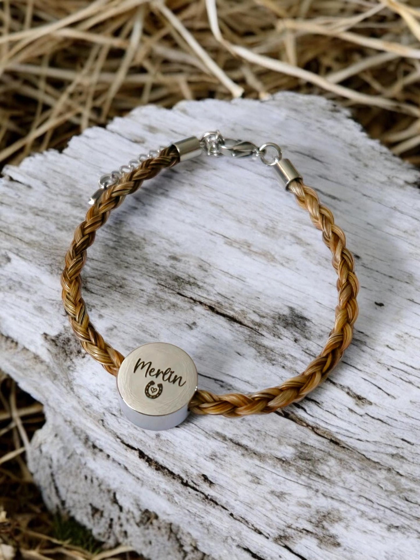 Horse hair / tail woven bracelet with engraved heart fob and photo charm.