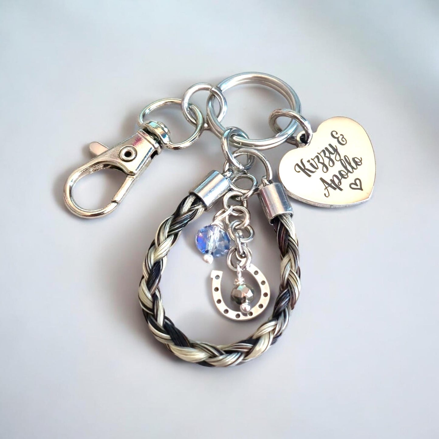 Horse hair / tail woven Keyring with engraved heart fob. Text or photo engraved