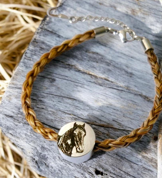 Horse hair / tail woven bracelet with engraved heart fob and photo charm.