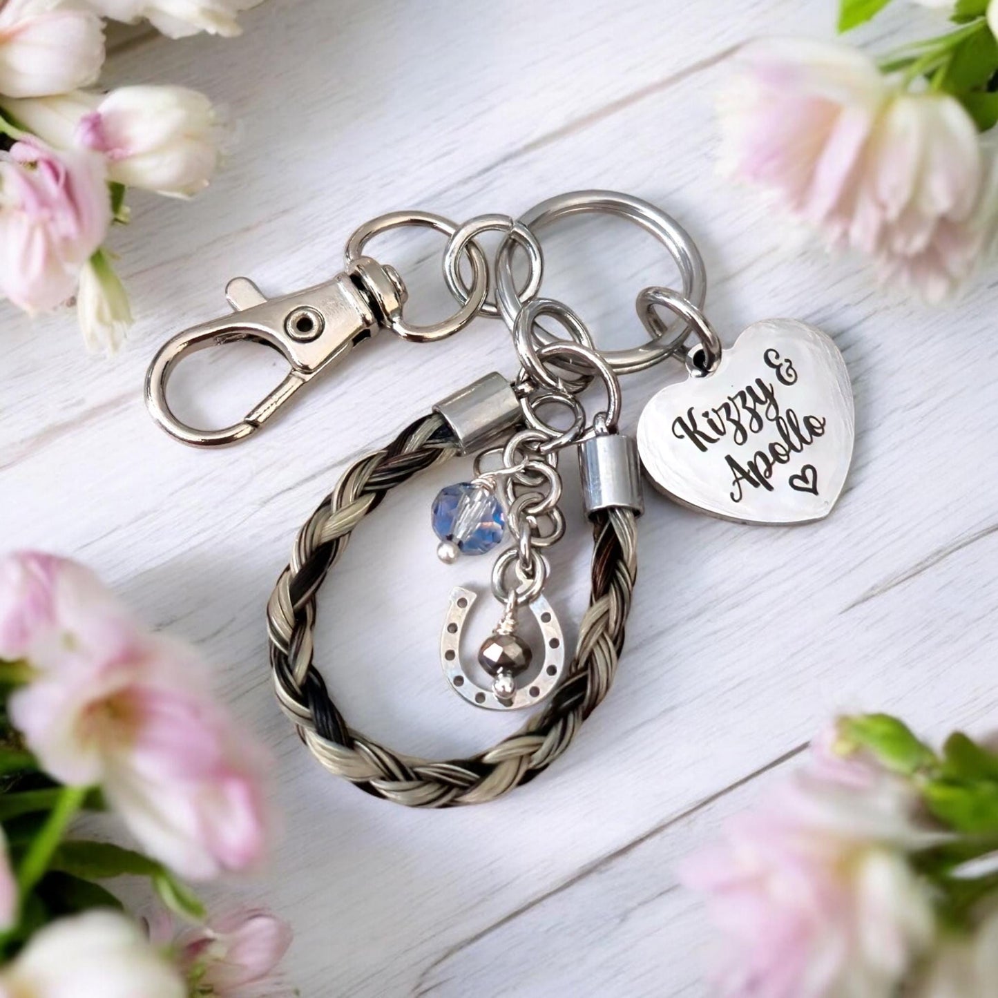 Horse hair / tail woven Keyring with engraved heart fob. Text or photo engraved