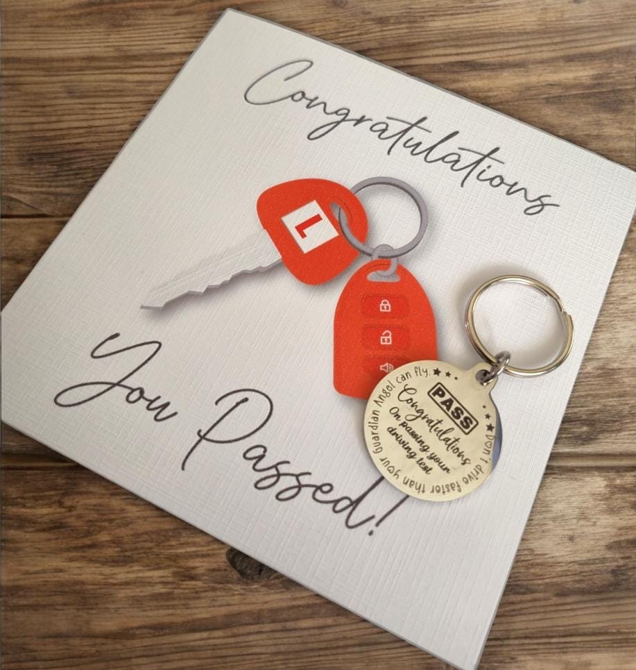 Passed Driving Test Keyring. Customised text With optional message on the back. PASS card add on.