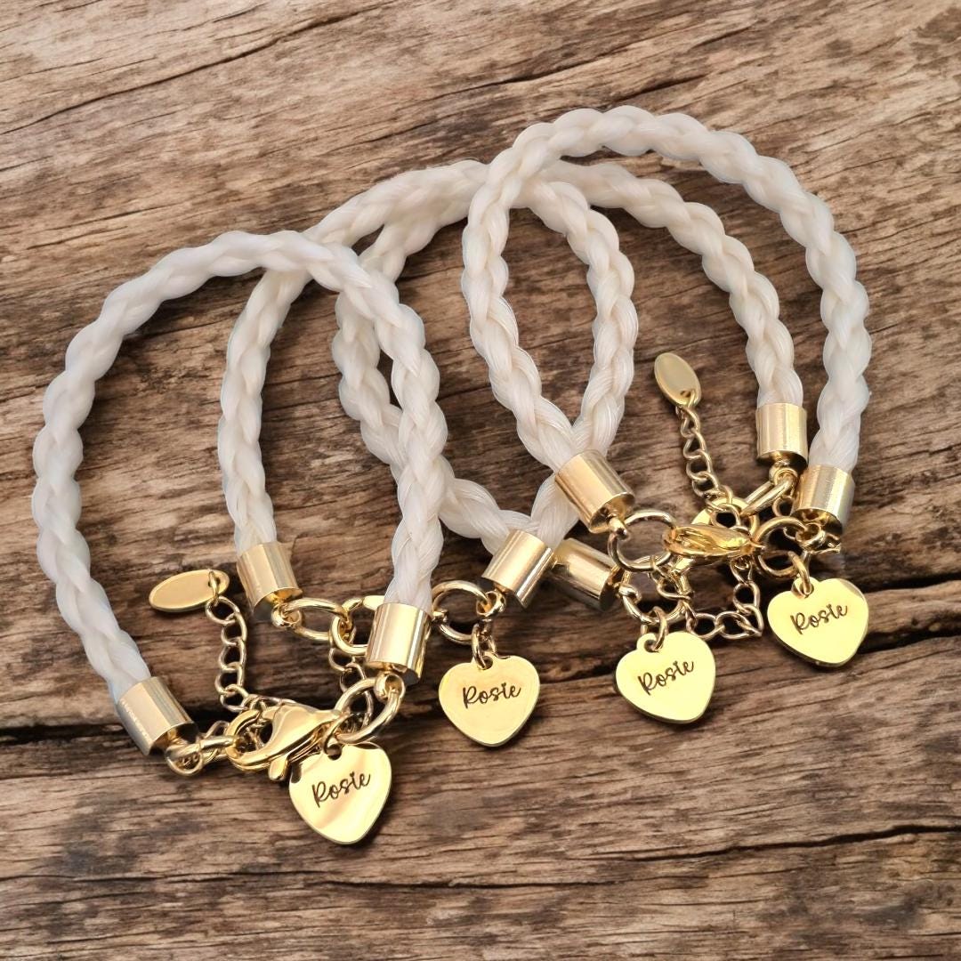 Horse hair / tail woven bracelet with engraved heart fob. GOLD stainless steel
