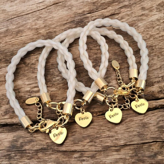 Horse hair / tail woven bracelet with engraved heart fob. GOLD stainless steel