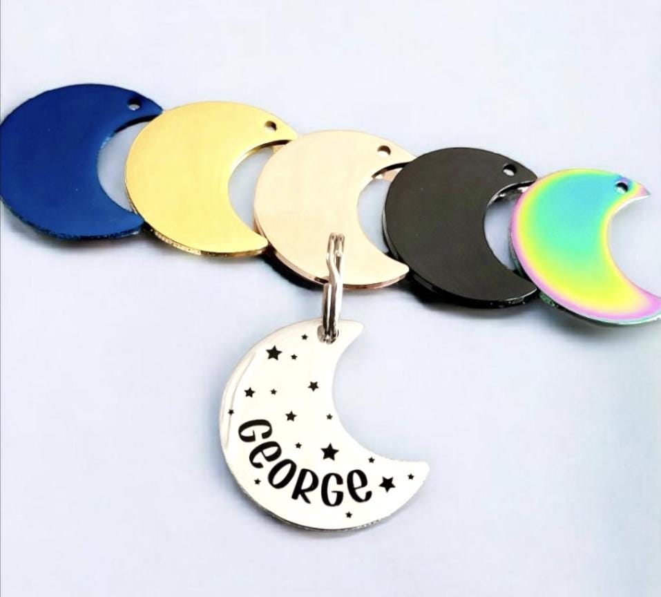 30mm Moon shape Pet ID tag. ID information on the back. Laser engraved.