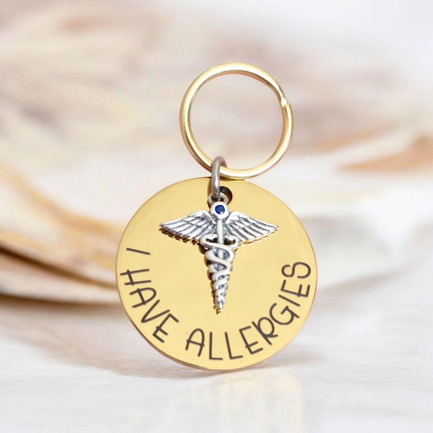 Rose gold, silver or gold pet ID tag with medical /caduceus charm. MEDICAL ALERT
