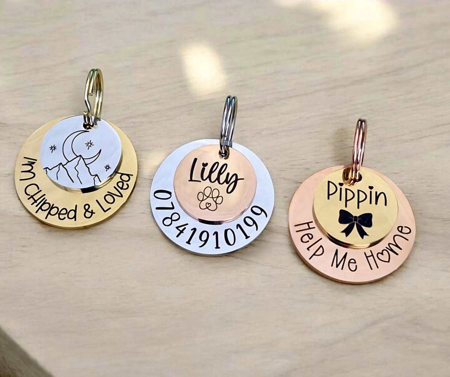 Luxury ROUND layered pet ID tag, dog tag, collar tag, cat tag, various colours, engraved