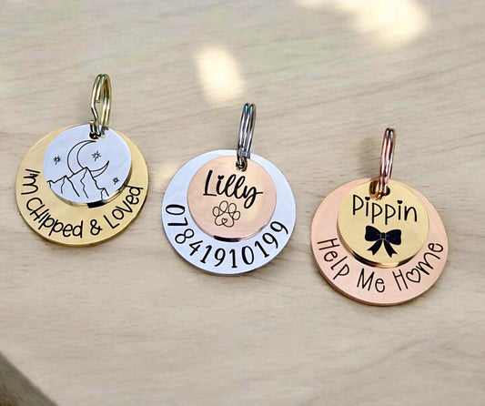 Luxury ROUND layered pet ID tag, dog tag, collar tag, cat tag, various colours, engraved