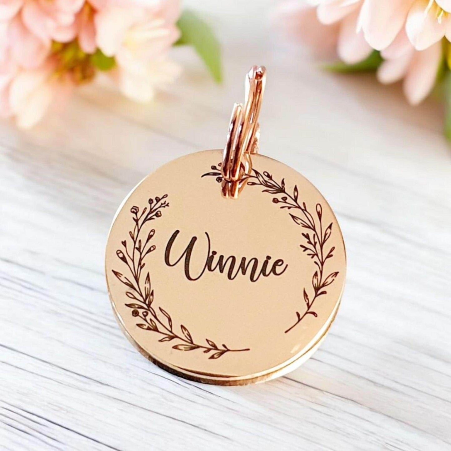 Beautiful stylish cotton wreath pet ID tag. Available in silver, gold, rose gold, blue or black.