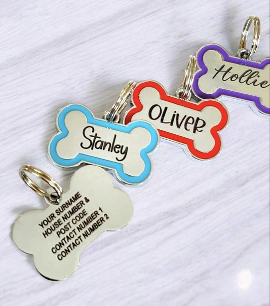 Alloy bone shaped dog ID tag, various colours and sizes.