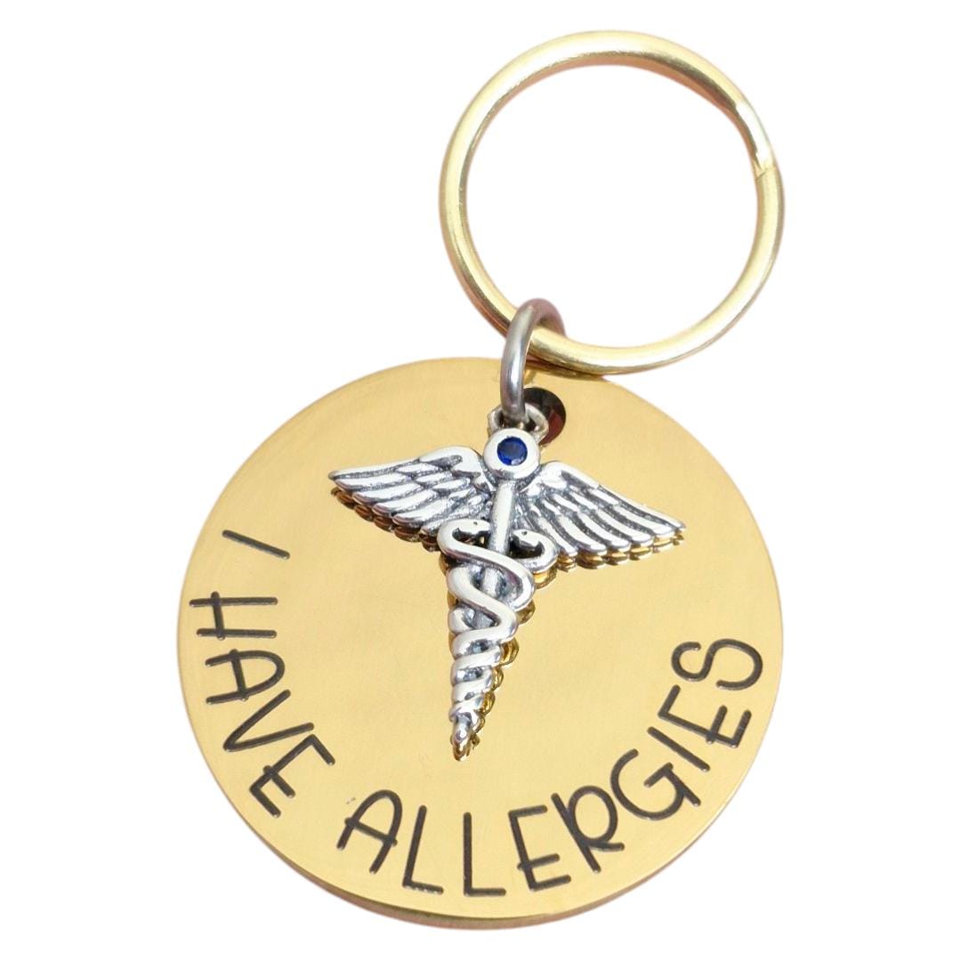Rose gold, silver or gold pet ID tag with medical /caduceus charm. MEDICAL ALERT