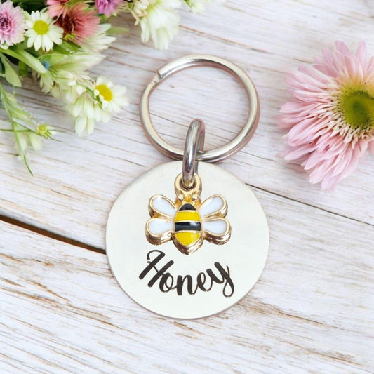 Bee pet Cat or small dog /puppy tag with Bumblebee charm. 20mm or 25mm stainless steel.