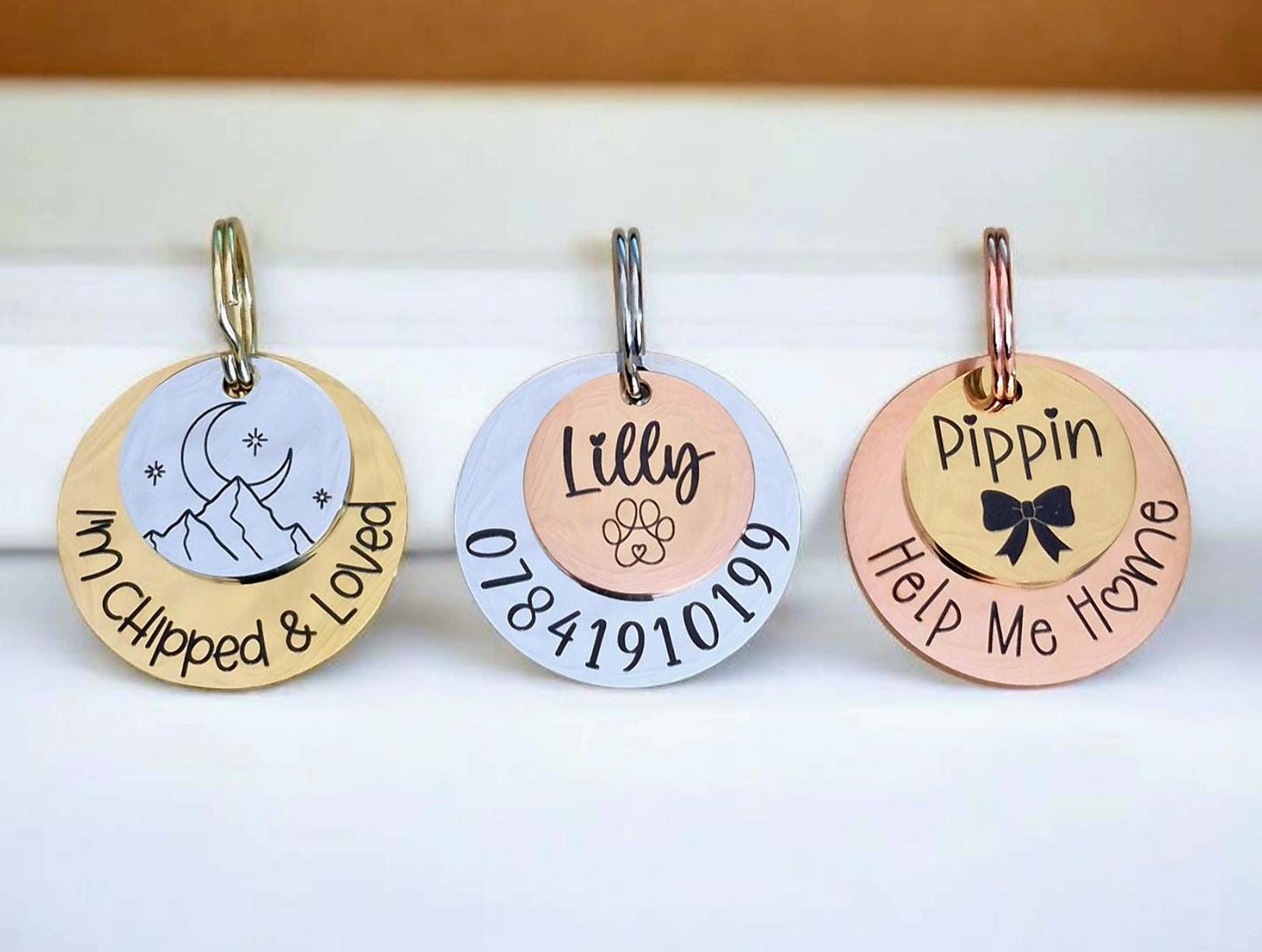 Luxury ROUND layered pet ID tag with heart charm, dog tag, collar tag, cat tag, various colours, engraved