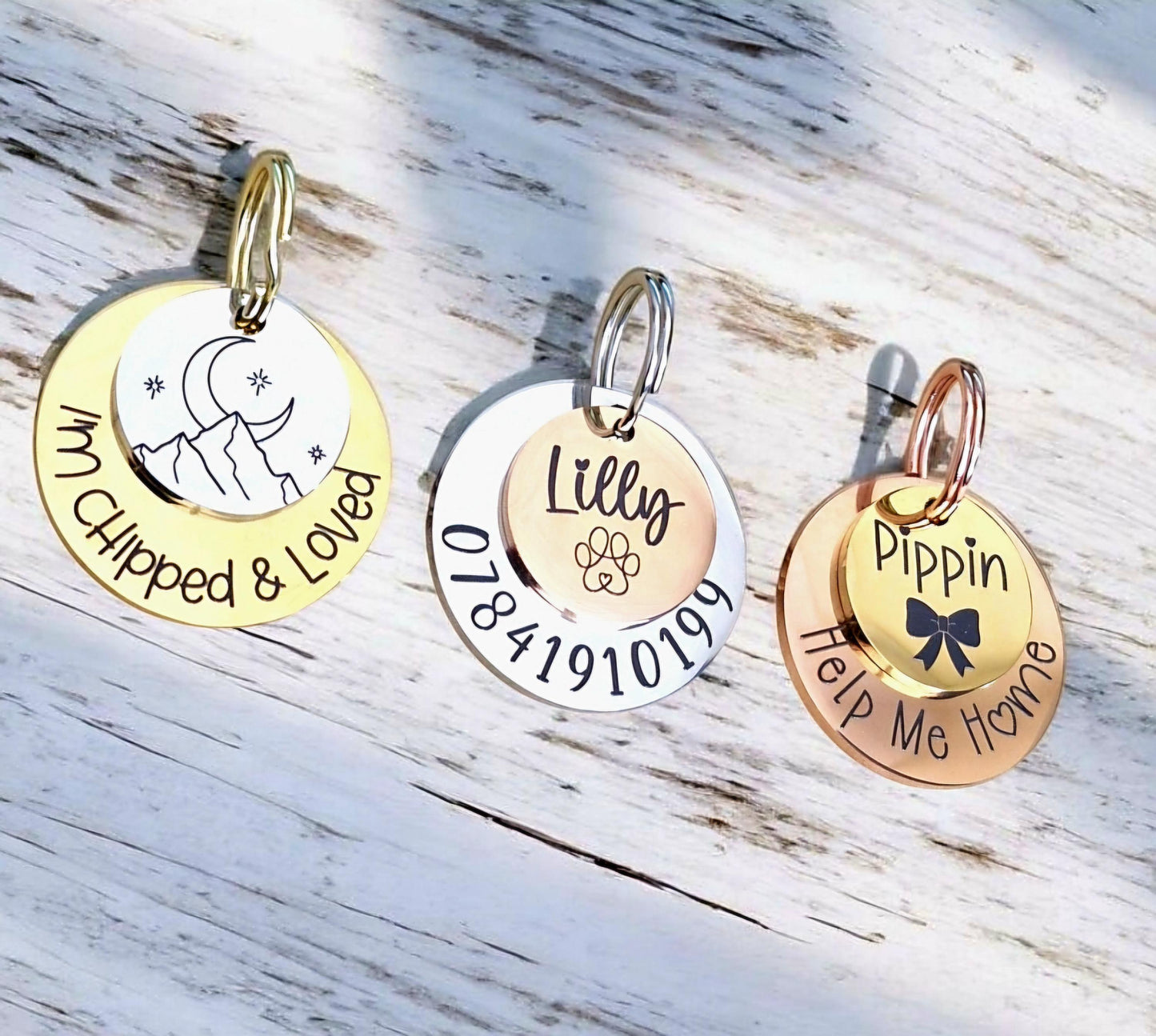 Luxury ROUND layered pet ID tag, dog tag, collar tag, cat tag, various colours, engraved