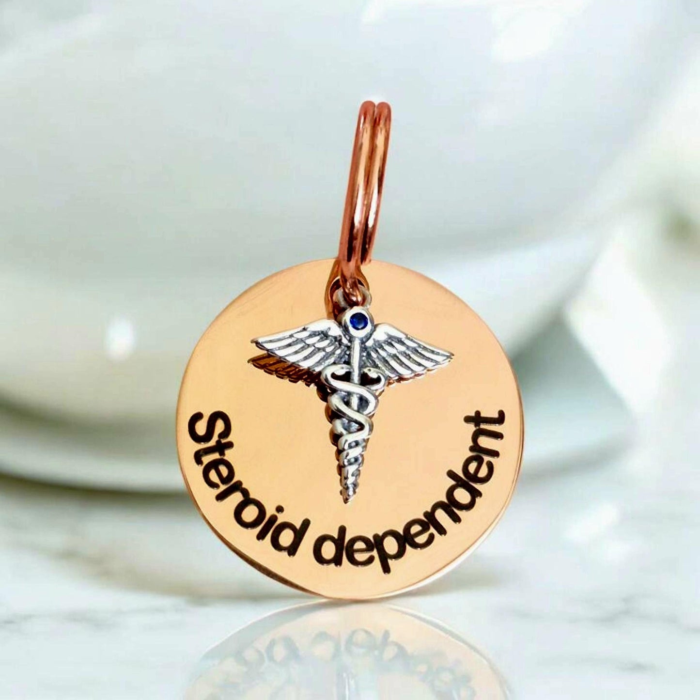 Rose gold, silver or gold pet ID tag with medical /caduceus charm. MEDICAL ALERT