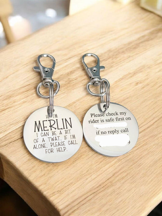 Bridle, Saddle and Headcollar tags, safety for if you fall off your horse. Personalised with your own text. Including lobster clasp.