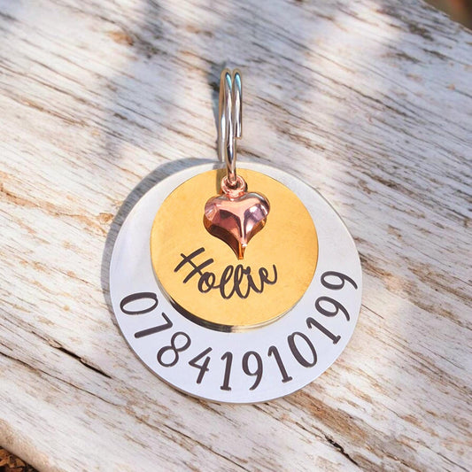 Luxury ROUND layered pet ID tag with heart charm, dog tag, collar tag, cat tag, various colours, engraved