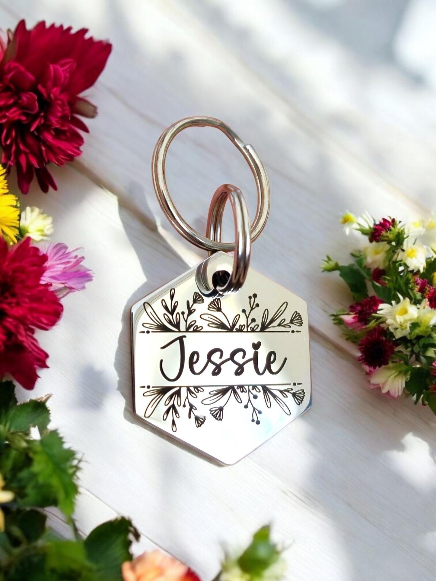 Beautiful wildflower design stylish 30mm hexagon pet ID tag. Available in silver stainless steel. Personalised front and back.