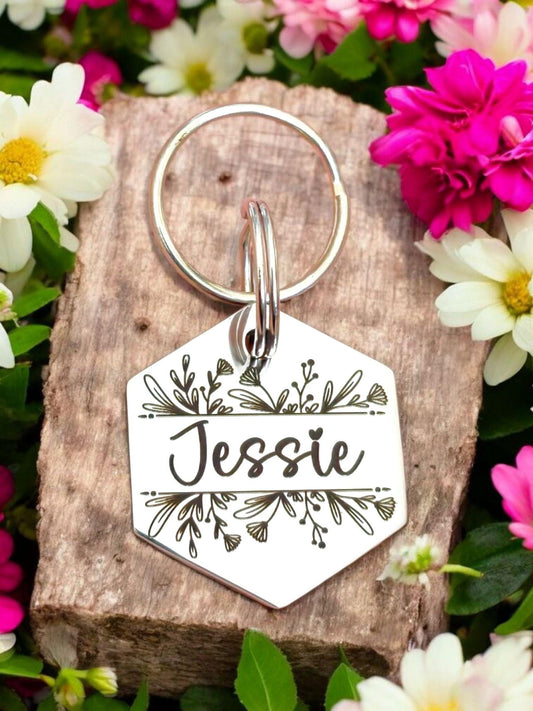 Beautiful wildflower design stylish 30mm hexagon pet ID tag. Available in silver stainless steel. Personalised front and back.