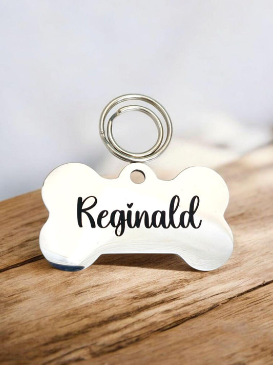 Bone shaped pet tags laser engraved, available in silver, gold, rose gold, black. 30, 40 or 50mm