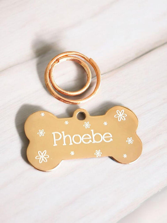 Flower design bone pet tags engraved, available in silver, gold, rose gold, black, rainbow and blue
