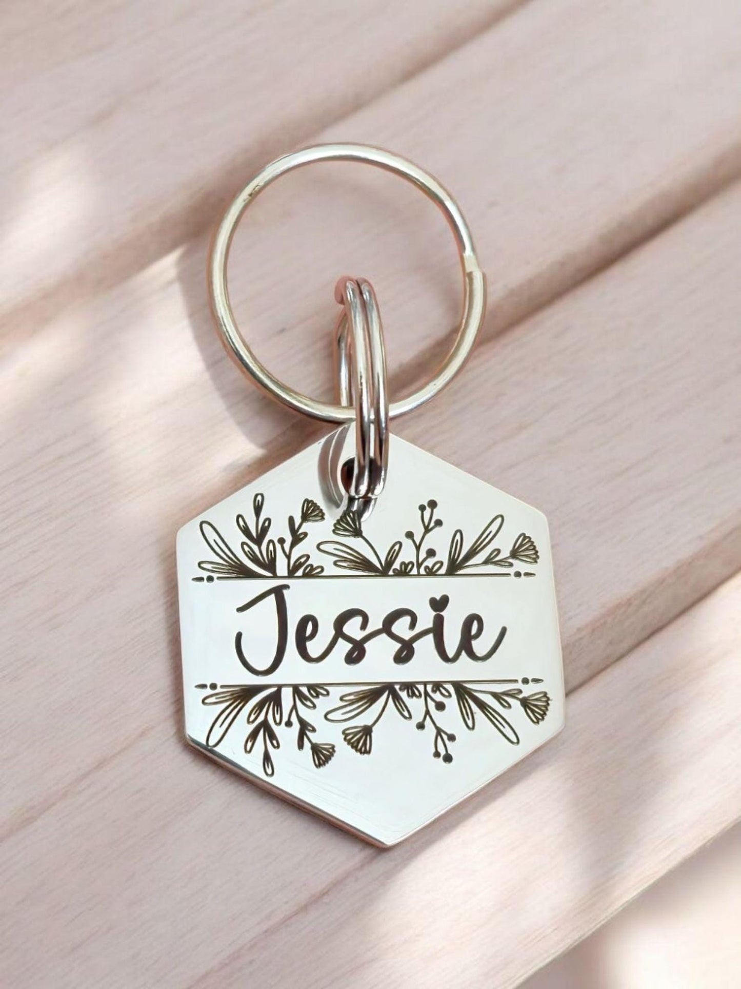 Beautiful wildflower design stylish 30mm hexagon pet ID tag. Available in silver stainless steel. Personalised front and back.