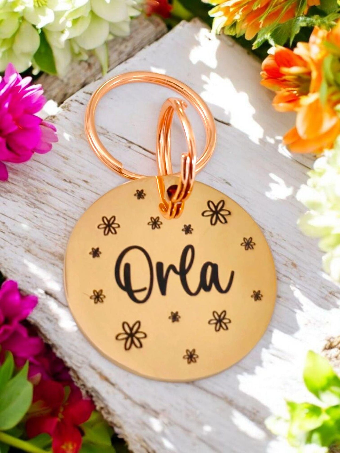 Beautiful stylish pet ID tag, with flower design. Available in silver, gold, rose gold or black stainless Steel