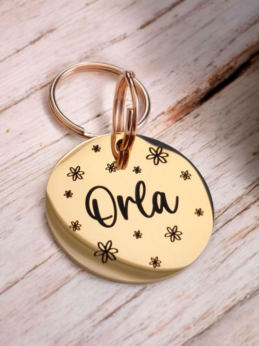 Beautiful stylish pet ID tag, with flower design. Available in silver, gold, rose gold or black stainless Steel