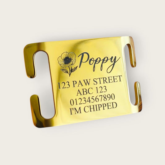 POPPY themed Pet ID collar tags, Stainless Steel slide on, 4 colours, 3 sizes to choose from. Laser engraved.