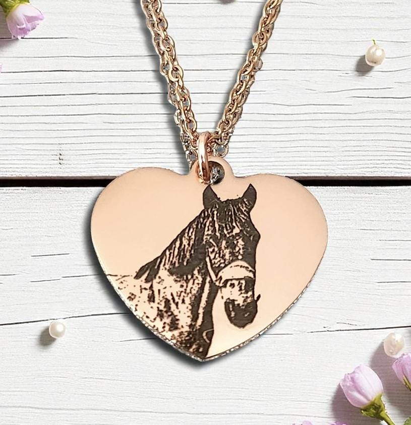 Horse or pony photo 20mm pendant and necklace with gift box. Engraved from any clear image. Silver,  Rose Gold or Gold.