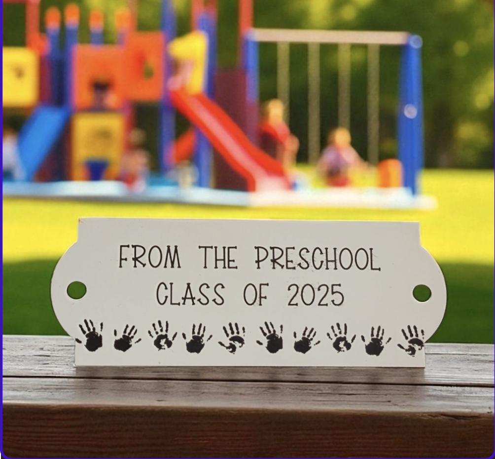 Bench / memorial / gate / door plaque with custom engraved design. 10x6cm or 8x3cm. 304 Steel. Teacher, class gift. Preschool