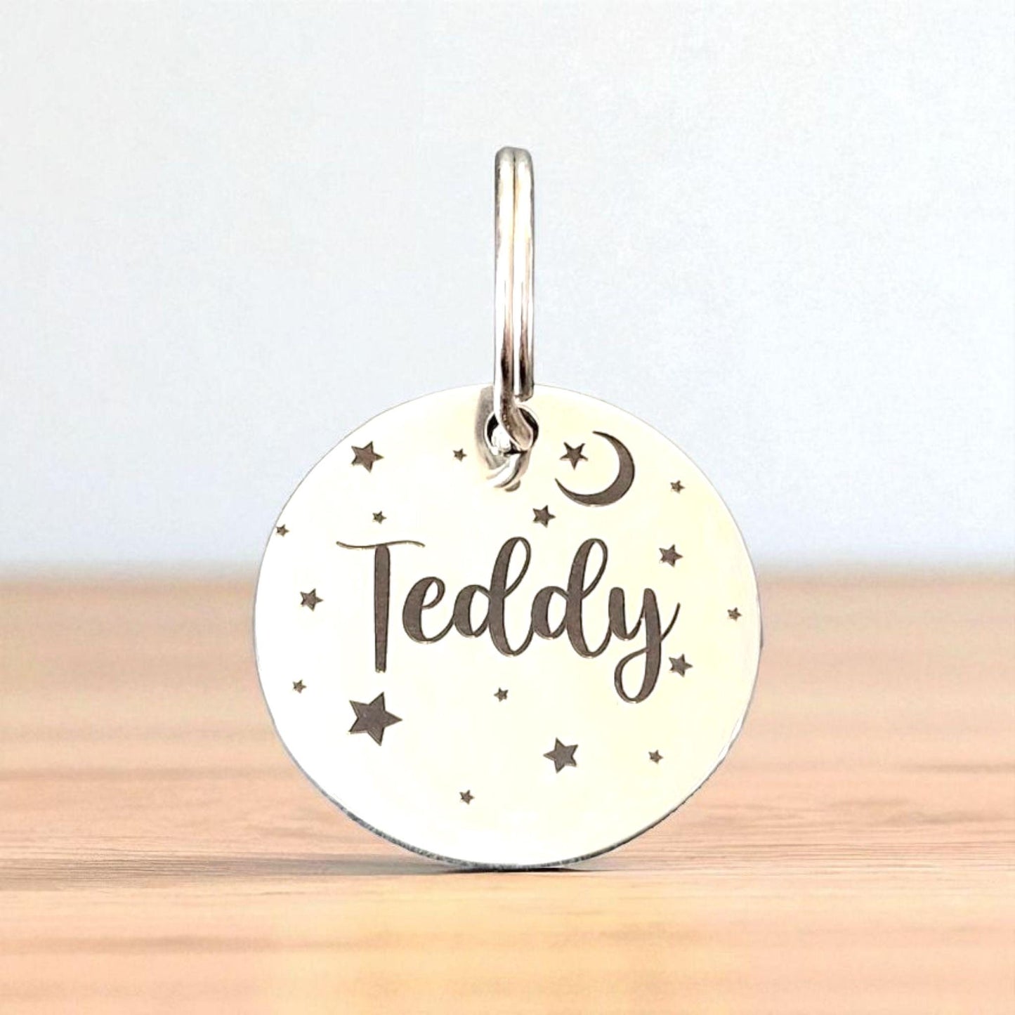 Moon and star dog tags engraved,  stainless steel round tag available in rose gold,  silver and gold