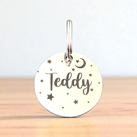 Moon and star dog tags engraved,  stainless steel round tag available in rose gold,  silver and gold