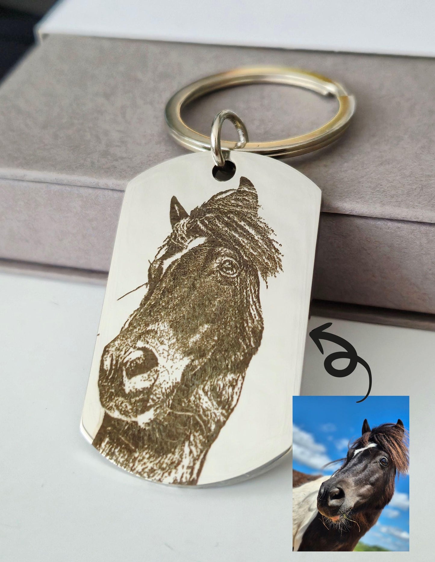 Laser Engraved photo keyring. Engraved from any clear image. Horse, Pony, Donkey, Equine, Equestrian.