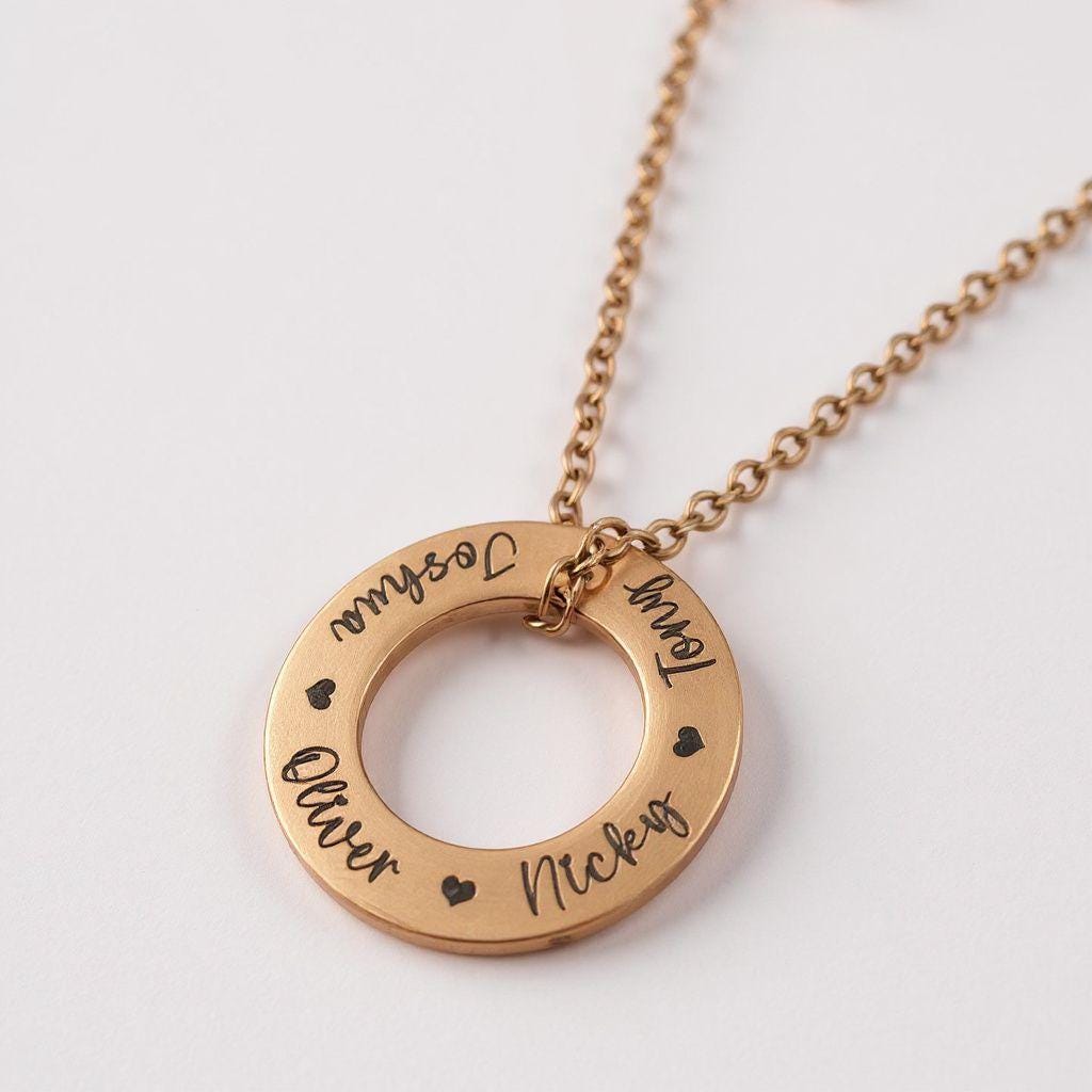 Laser engraved stainless Steel washer necklace, family names gift