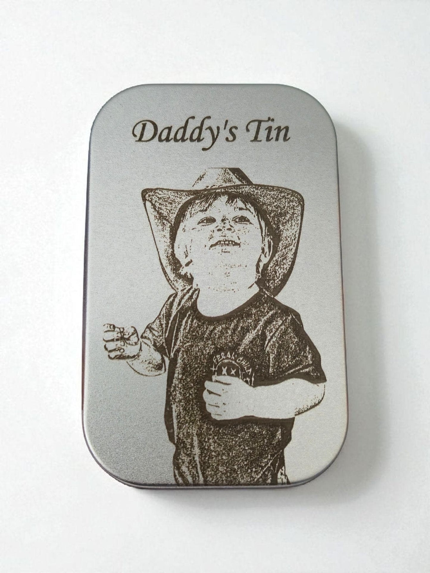 Laser Engraved photo Tin. Engraved from any clear image. Family gift, tobacco tin, storage tin, tablet tin, sweet tin.