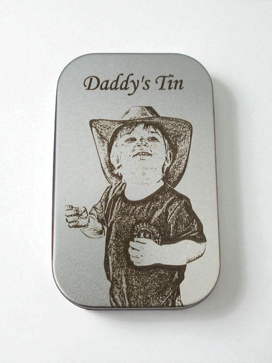 Laser Engraved photo Tin. Engraved from any clear image. Family gift, tobacco tin, storage tin, tablet tin, sweet tin.