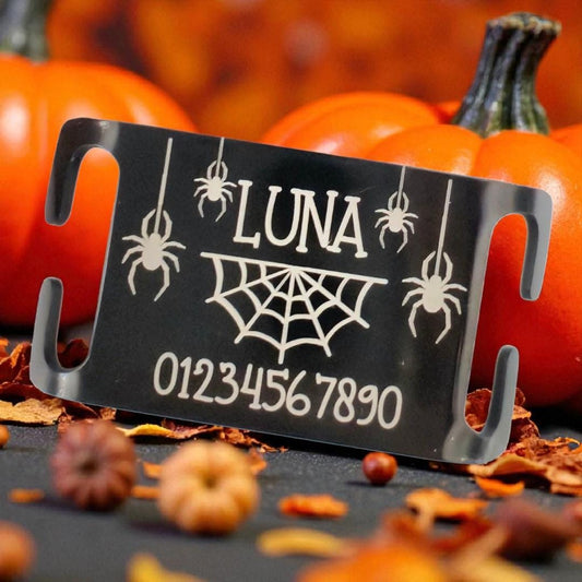 Halloween spider themed Pet ID collar tags, Shiny stainless steel slide on, 4 colours, 3 sizes to choose from. Laser engraved.