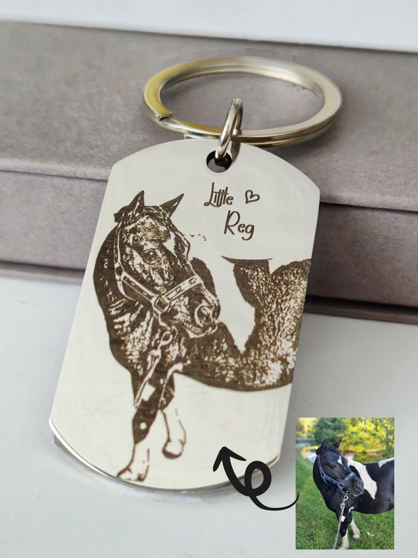 Laser Engraved photo keyring. Engraved from any clear image. Horse, Pony, Donkey, Equine, Equestrian.