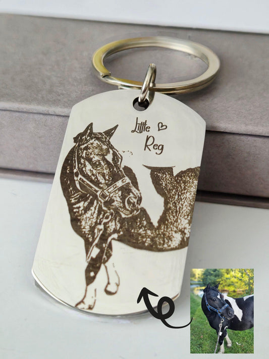 Laser Engraved photo keyring. Engraved from any clear image. Horse, Pony, Donkey, Equine, Equestrian.