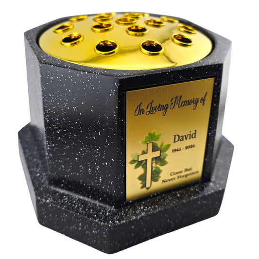 Personalised Black Octagon Memorial Rose Bowl Grave Vase with Gold Lid | Custom Grave Flower Holder | In Loving Memory Cross Vase