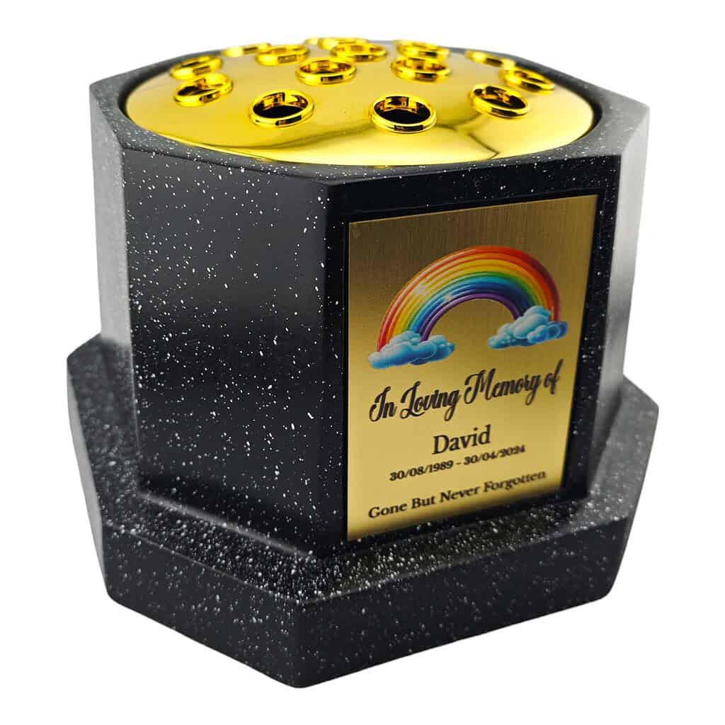 Personalised Rainbow Black Octagon Memorial Rose Bowl Grave Vase with Gold Lid | Custom Grave Flower Holder | In Loving Memory Vase