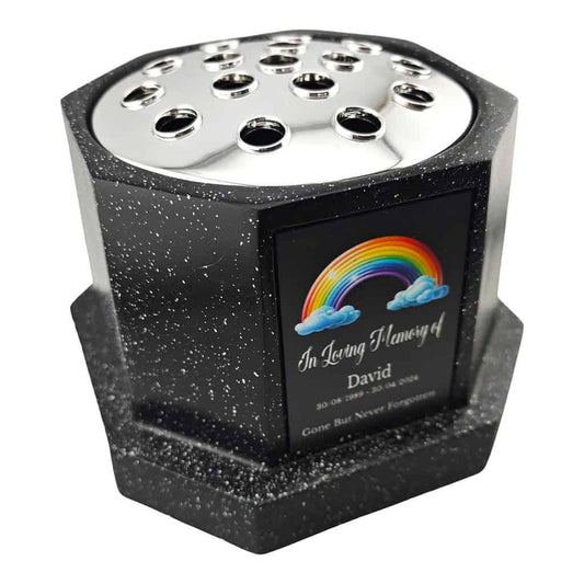 Personalised Rainbow Black Octagon Memorial Rose Bowl Grave Vase with Silver Lid | Custom Grave Flower Holder | In Loving Memory Vase