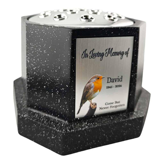 Personalised Robin Black Octagon Memorial Rose Bowl Grave Vase with Silver Lid | Custom Grave Flower Holder | In Loving Memory Vase