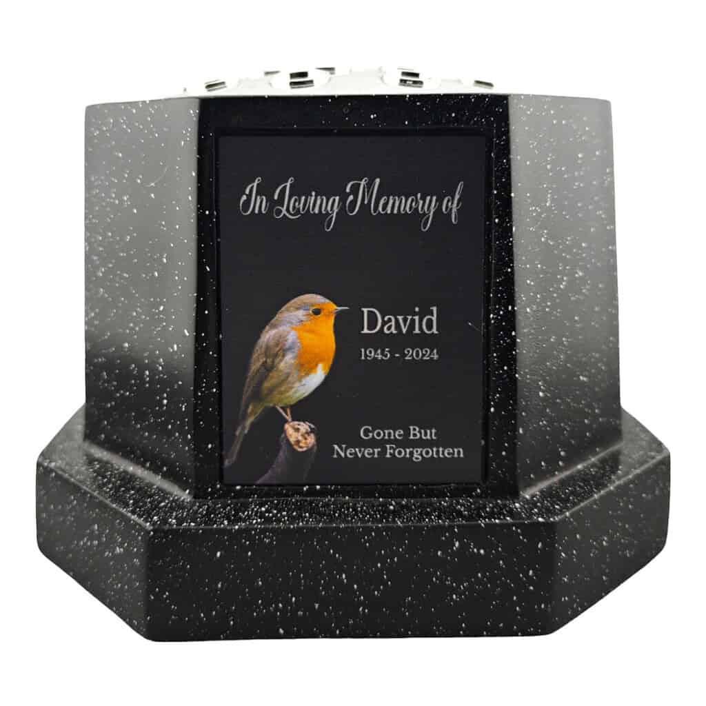 Personalised Robin Black Octagon Memorial Rose Bowl Grave Vase with Silver Lid | Custom Grave Flower Holder | In Loving Memory Vase