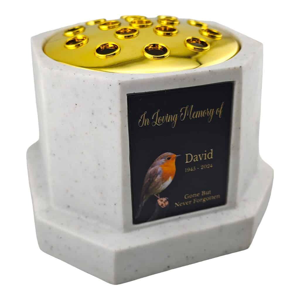 Personalised Robin White Octagon Memorial Rose Bowl Grave Vase with Gold Lid | Custom Grave Flower Holder | In Loving Memory Vase